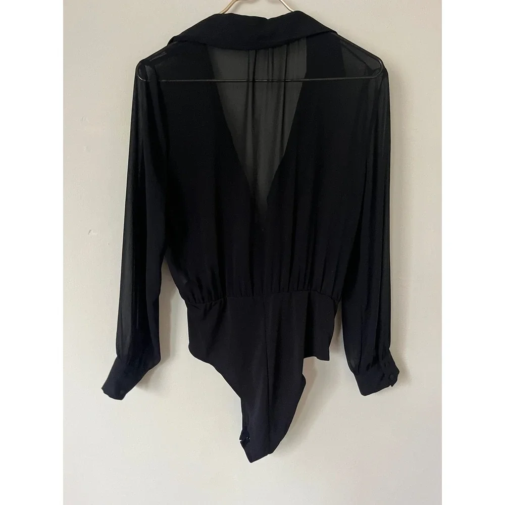 Zara Women Black Sheer Chiffon Tie Front Long Sleeve Bodysuit party neutral S